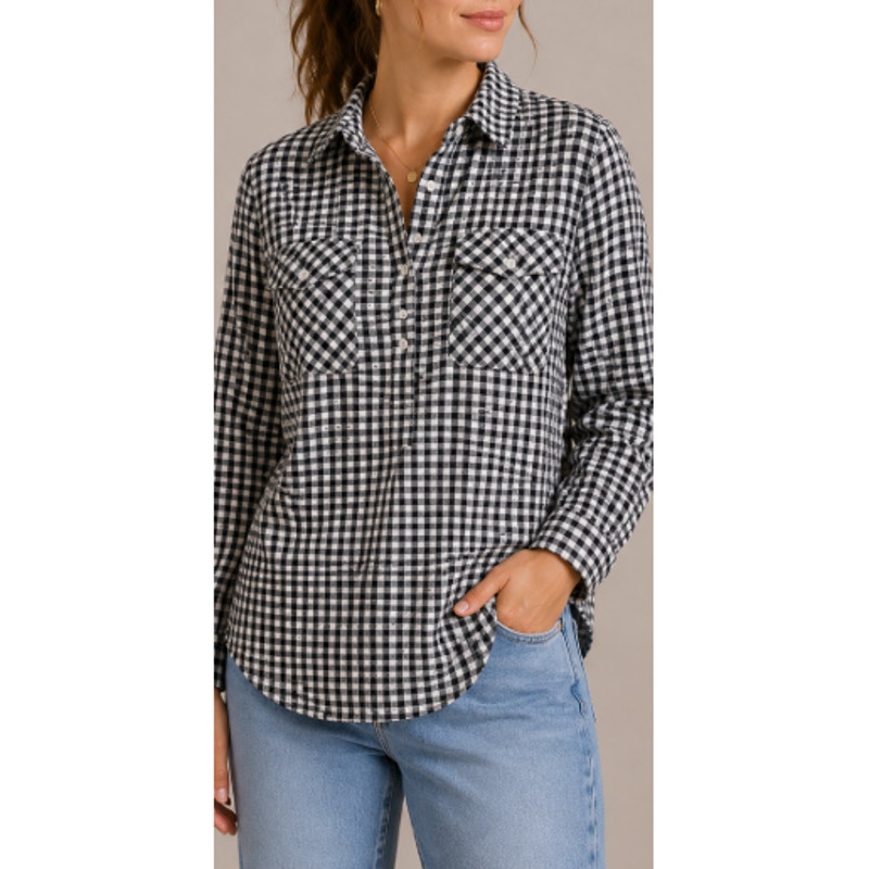 Merona Women's Black White Check Long Sleeve Pullover Collared Top Size L